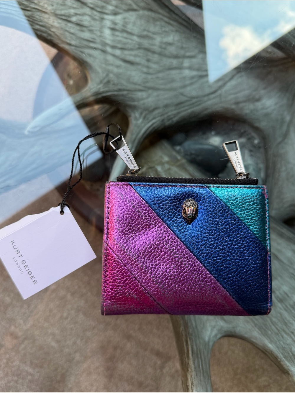 Kurt Geiger Iridescent Pink Blue Teal BiFold Wallet with Signature Hardware